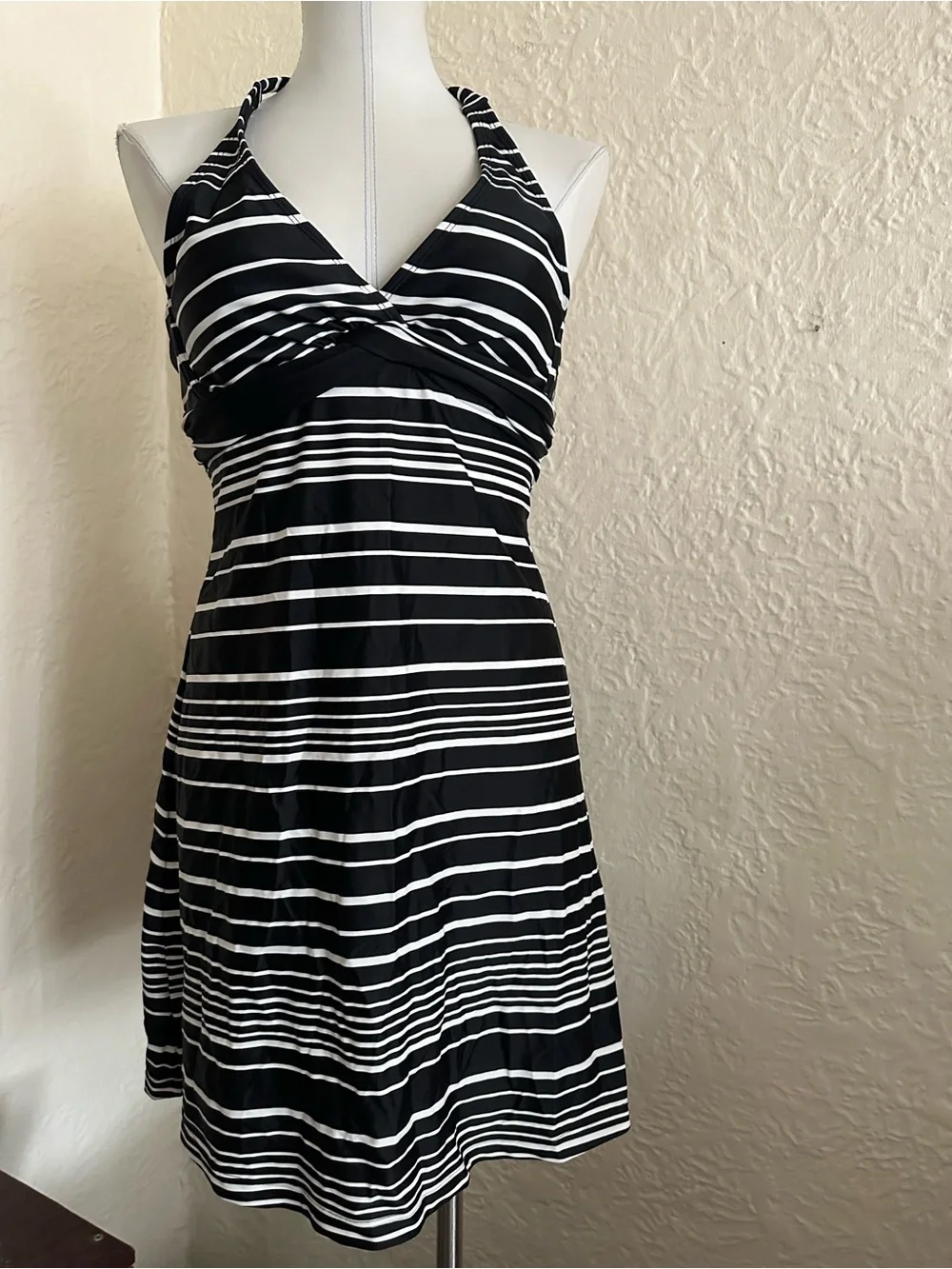 Athleta Encitas Tara Black White Stripes Halter Swim Dress